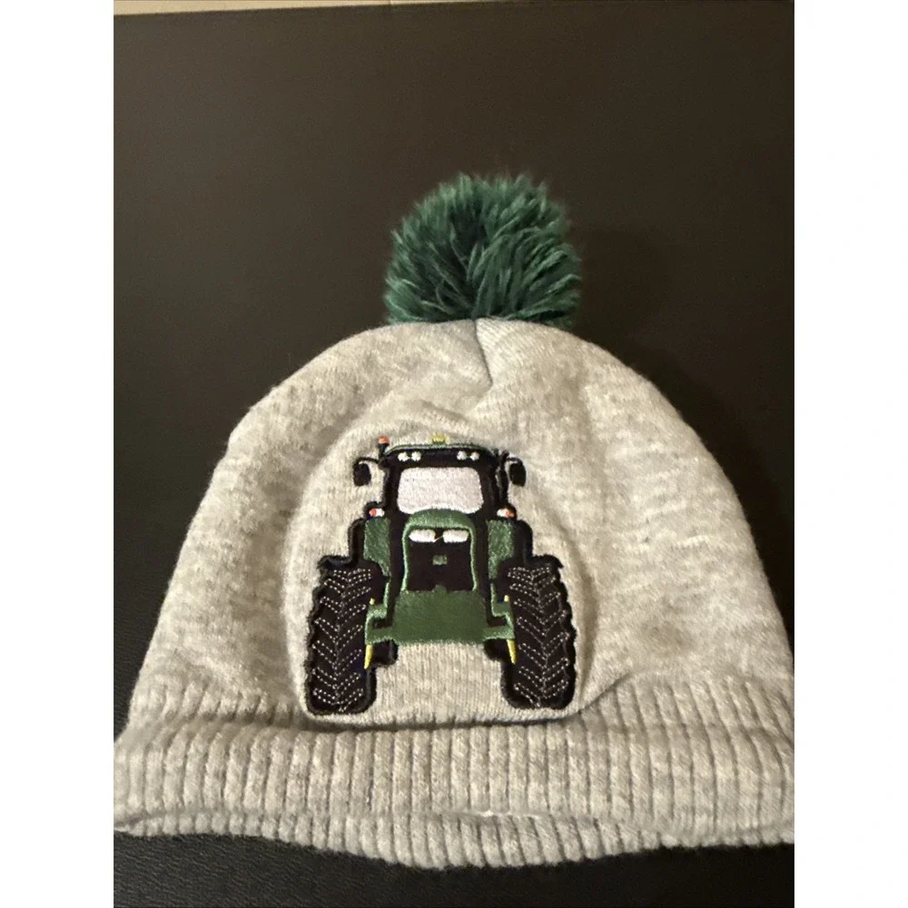 John Deer Baby Winter Hat Tractor Front And Back Green Poom Poom